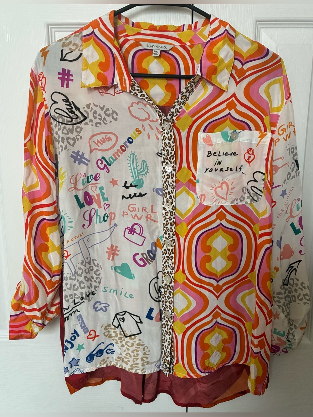 John Mark Multicolor Graphic Button-Down Shirt Girl Power Live Love Shop Scrip